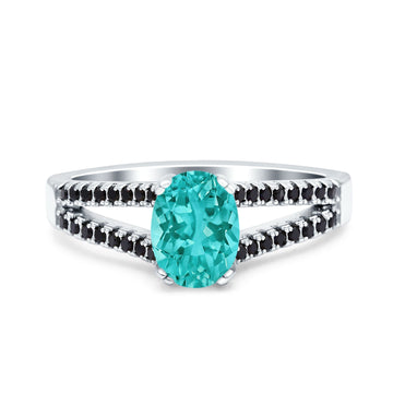 Split Shank Halo Oval Wedding Ring Black Simulated Paraiba Tourmaline CZ 925 Sterling Silver